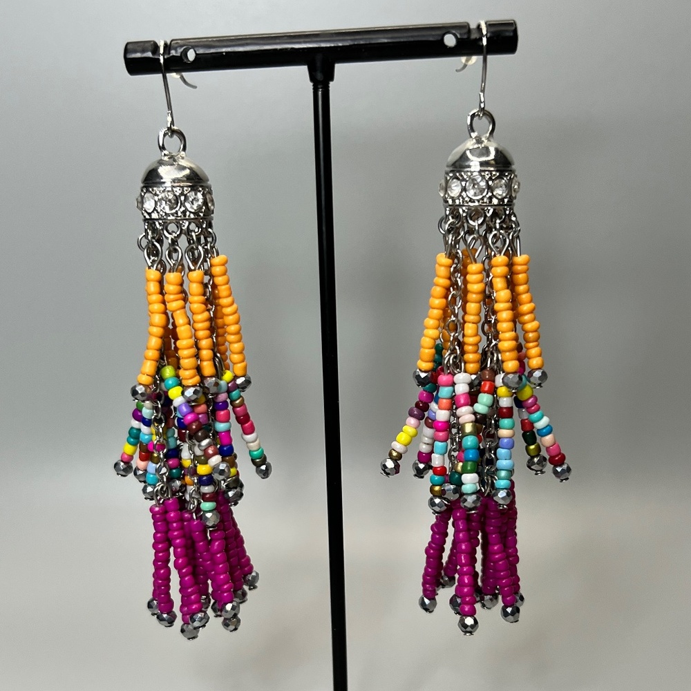 Pink/ Orange/ Multi-colored Beaded Tassel Earrings